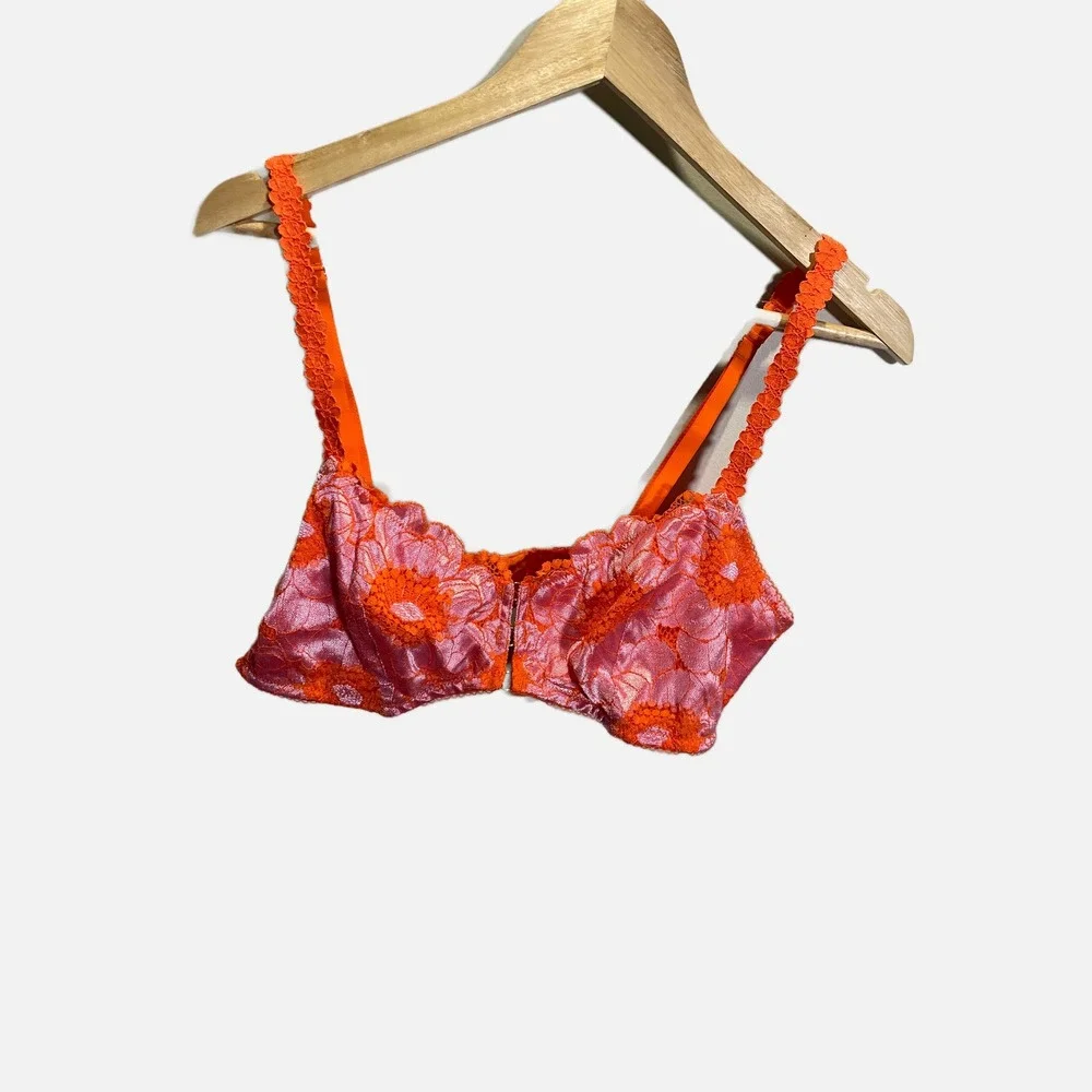 Savage X‎ Fenty Poppies Floral Lace Bralette Orange Pink Unlined Bra XL
